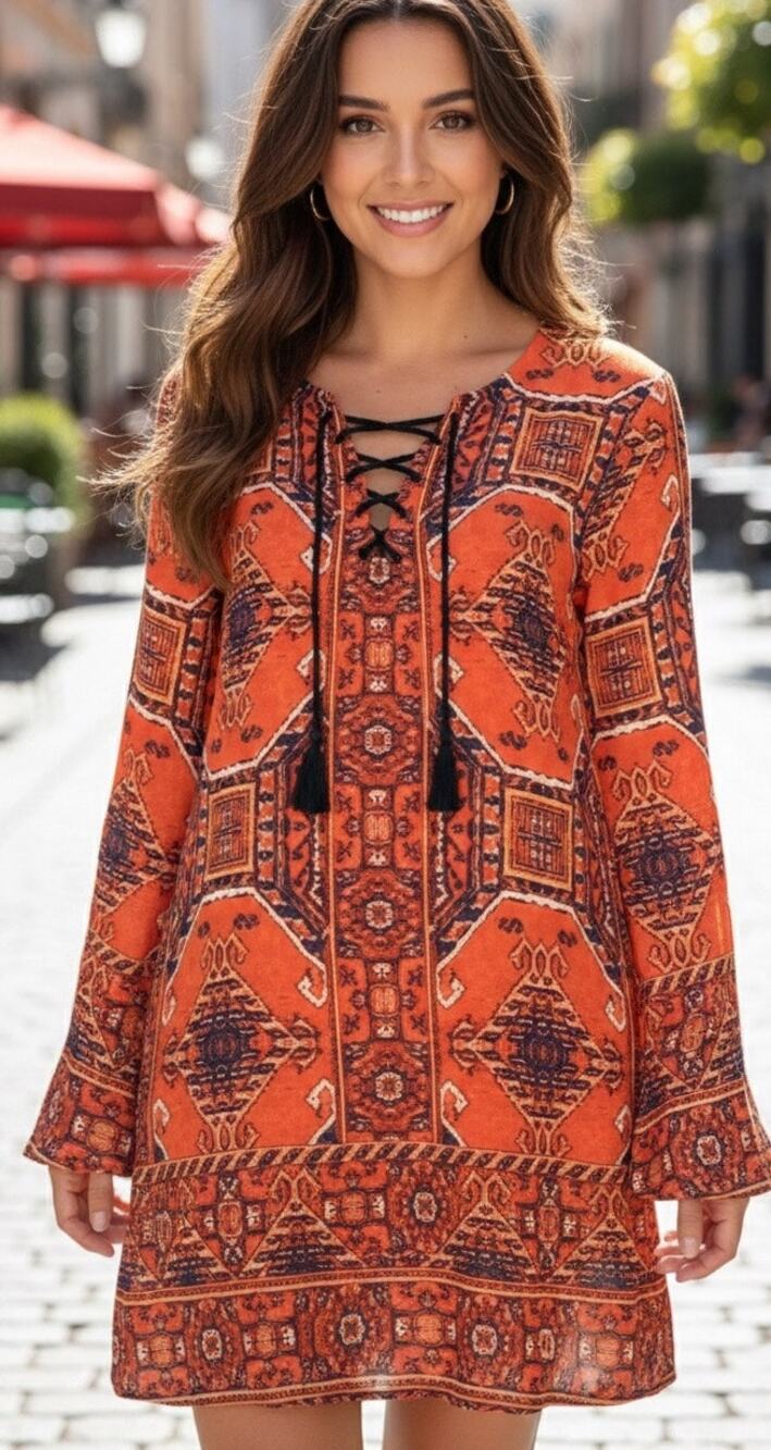 Miss Me Vibrant Moroccan Style Print Tunic Mini Dress